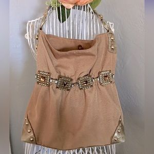 Kathy Van Zeeland Handbag Tan and Taupe with Jeweled Accents